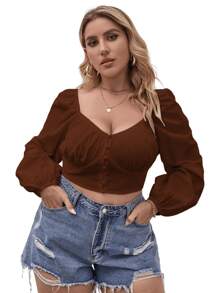 Plus Solid Ruched Bust Top - Coffee Brown - View 3