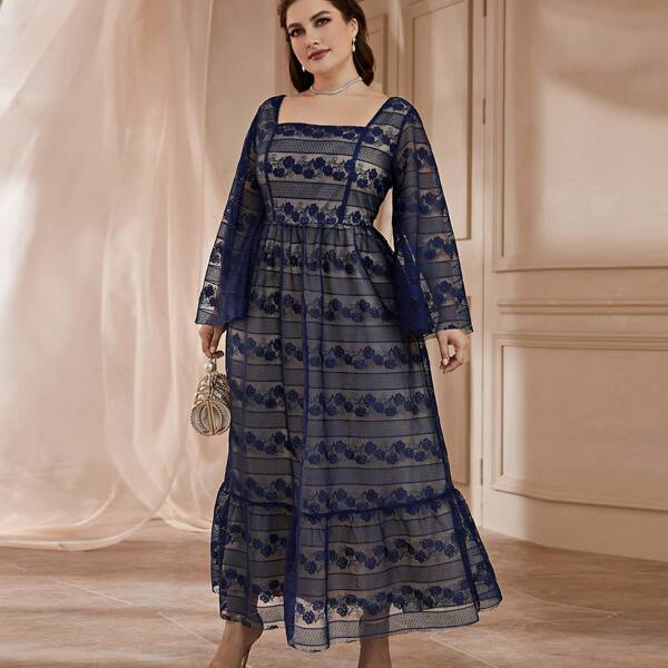 

Plus Square Neck Ruffle Hem Lace Dress, Multicolor