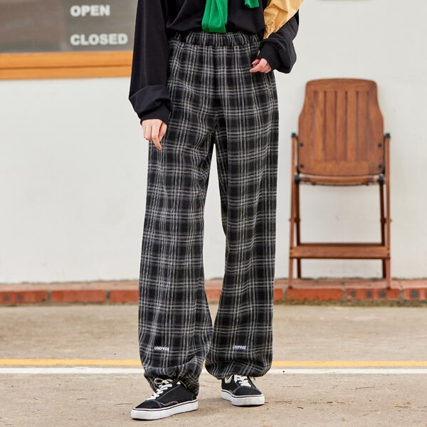 

Tartan Slant Pockets Elastic Hem Pants, Black