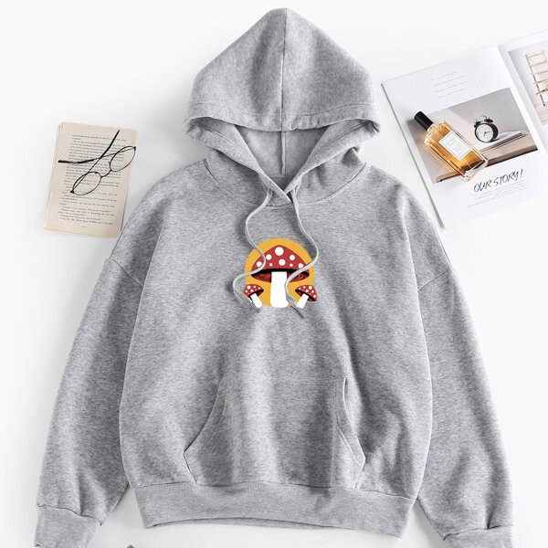 

Mushroom Print Drawstring Hoodie, Light grey