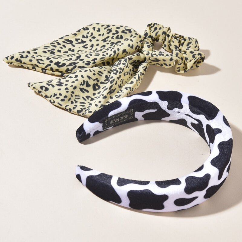 

1pc Cow Headband & 1pc Leopard Scrunchie Scarf, Multicolor