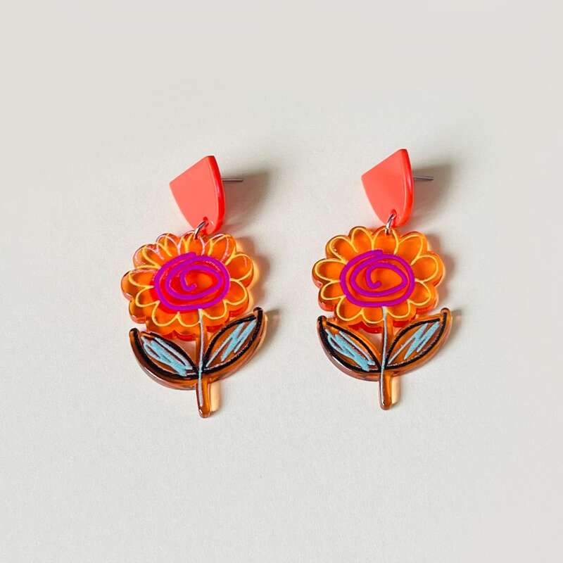 

Flower Drop Earrings, Red