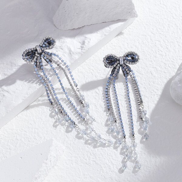 

14K Gold Plated Zircon Bow Decor Drop Earrings, Blue