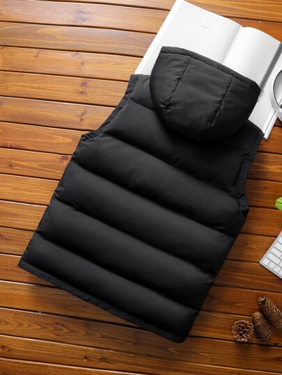 Manfinity Homme Chaqueta acolchada con capucha y cremallera sin mangas para hombre, básica y acolchada, para salir en otoño e invierno