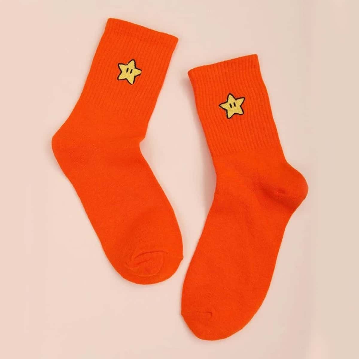 

Star Embroidery Crew Socks, Orange
