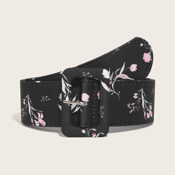

Floral Print Belt With Hole Puncher, Black