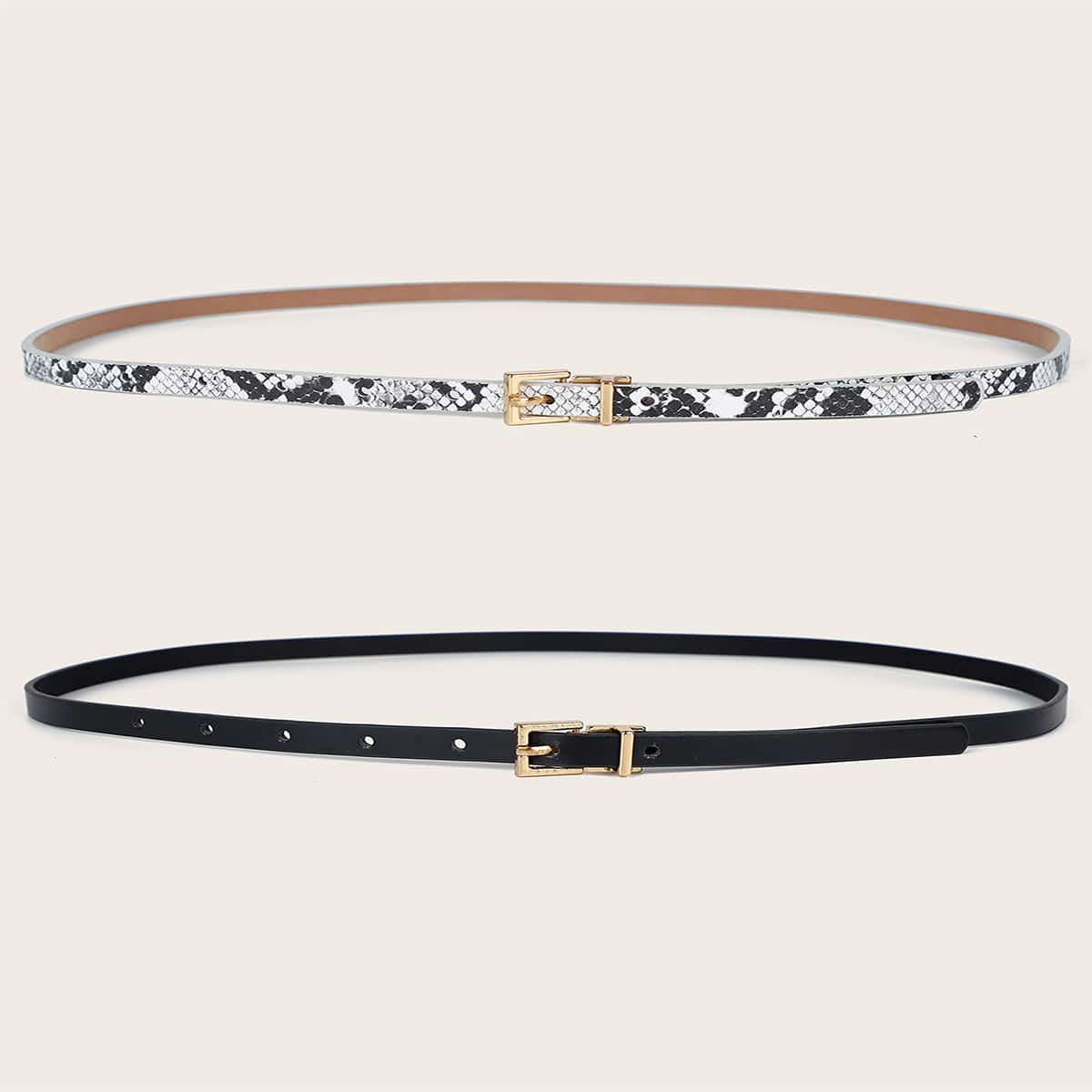 

2pcs Snakeskin Pattern Buckle Belt, Black