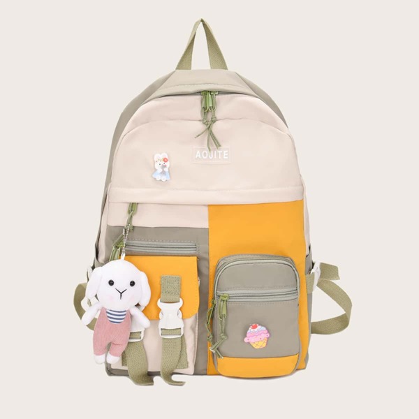 

Kids Unisex Cartoon Graphic Doll Decor Release Buckle Detail Backpack, Green