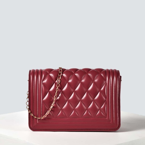 

Solid Quilted Chain Crossbody Bag, Red