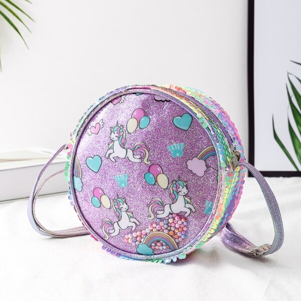 

Girls Sequin Decor Unicorn Graphic Crossbody Bag, Purple