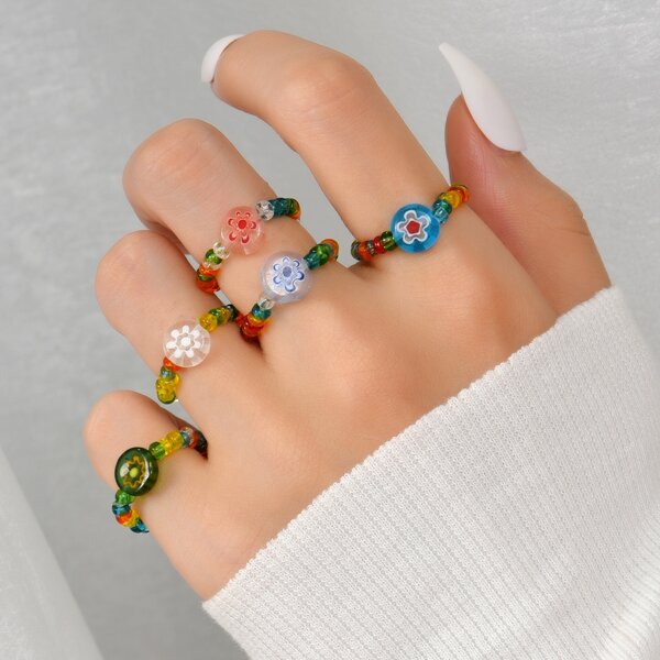 

5pcs Beaded Ring, Multicolor