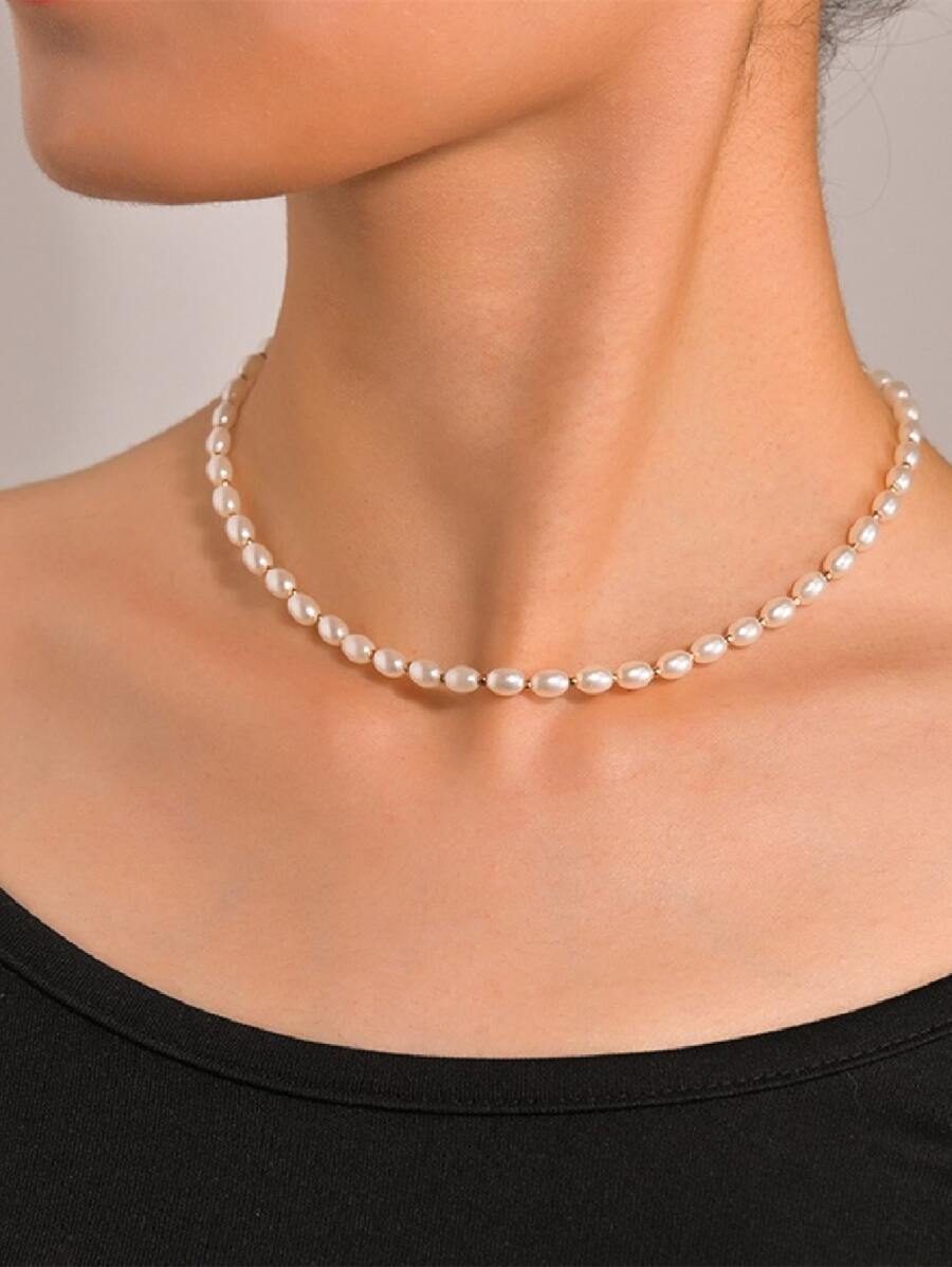 Faux Pearl Beaded Necklace - Beige - View 1