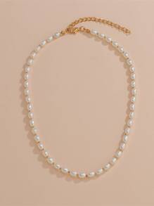 Faux Pearl Beaded Necklace - Beige - View 2
