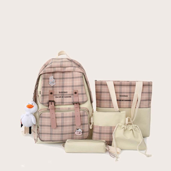 

5pcs Plaid Buckle Decor Backpack Set, Pink