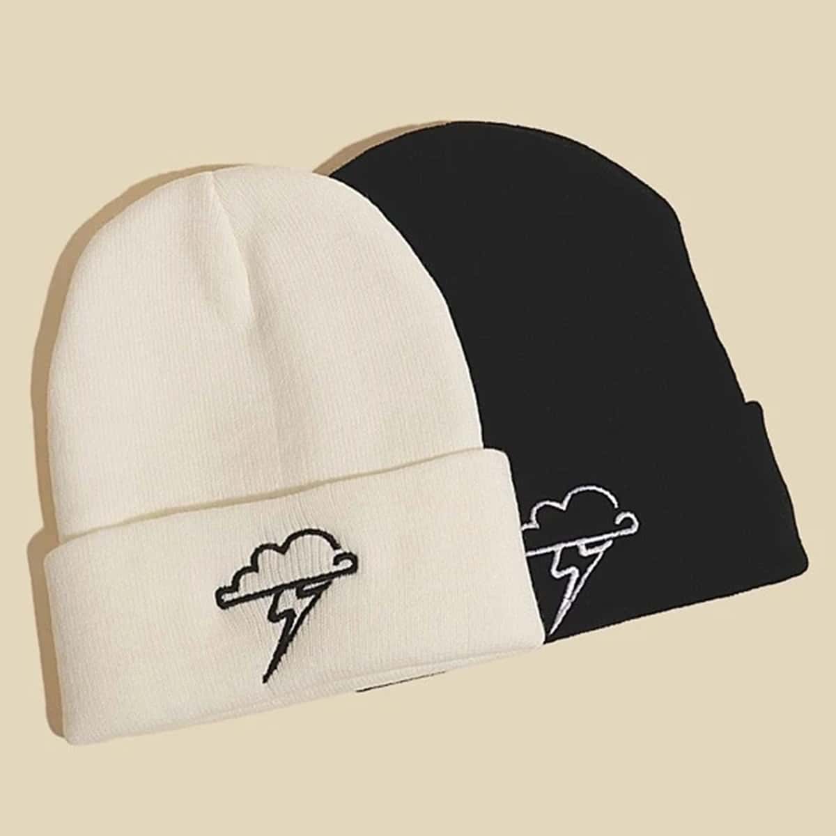 

2pcs Cloud Embroidery Knit Hat, Black