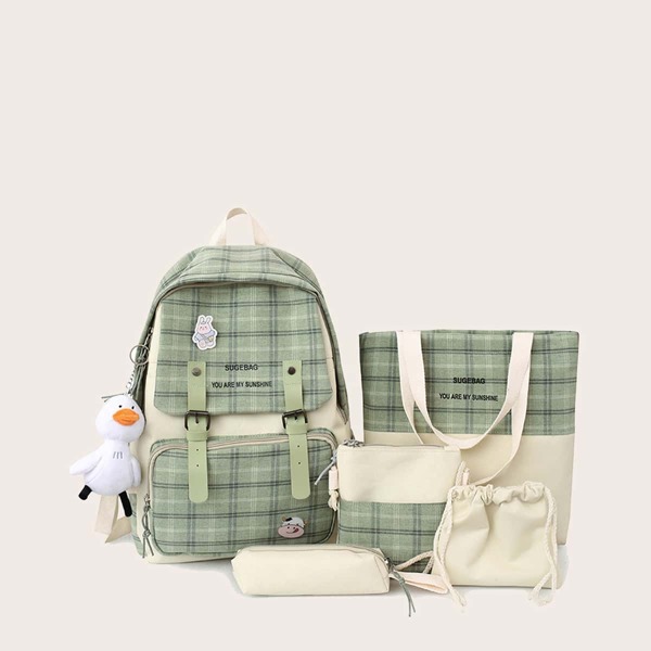 

5pcs Doll Decor Plaid Pattern Backpack Set, Green