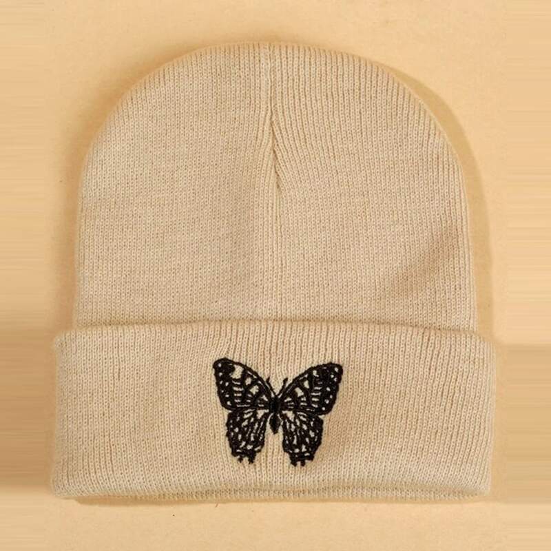 

Butterfly Embroidery Knit Hat, Beige