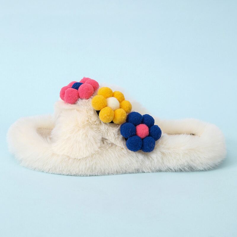 

Flower Decor Fluffy Slippers, Beige