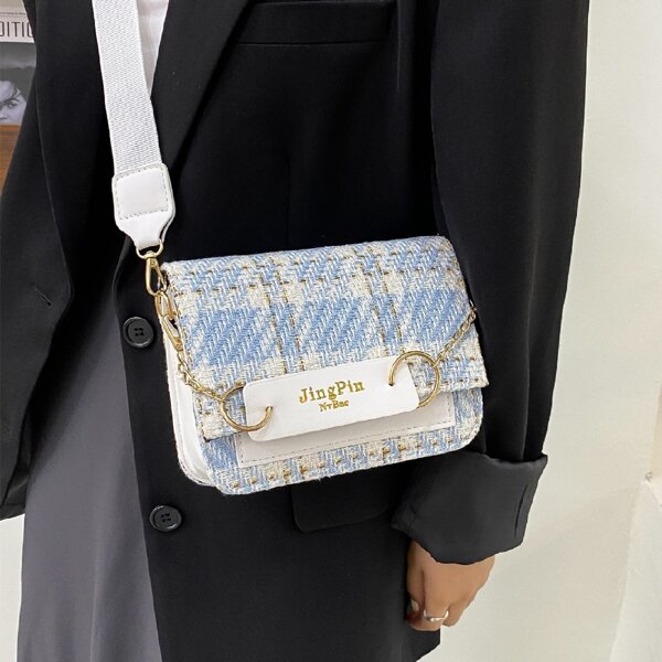 

Plaid Pattern Chain Decor Crossbody Bag, Blue and white