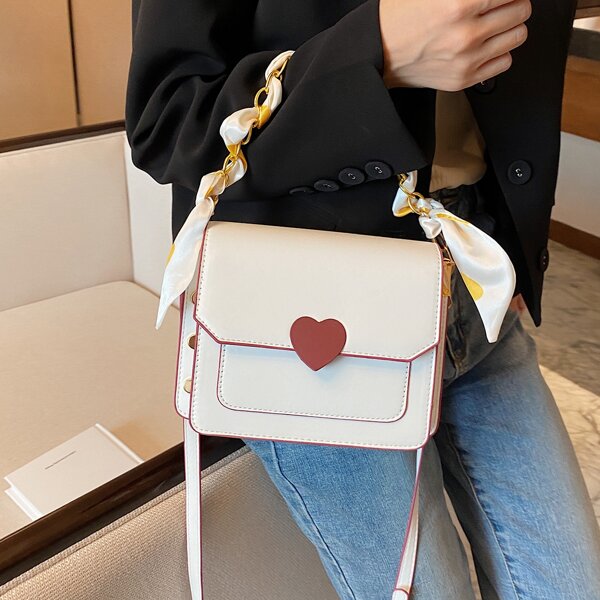 

Minimalist Heart Graphic Scarf Decor Satchel Bag, Beige
