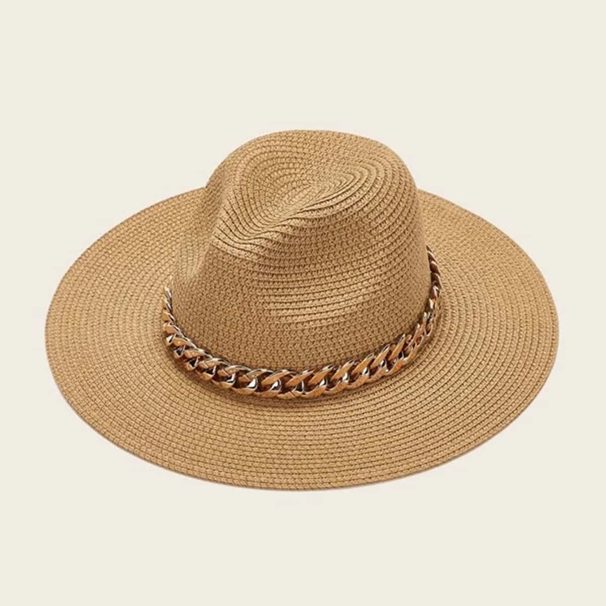 Chain Decor Straw Hat, Khaki