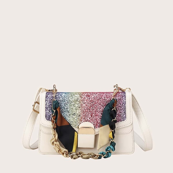 

Ombre Glitter Design Scarf Decor Shoulder Bag, White
