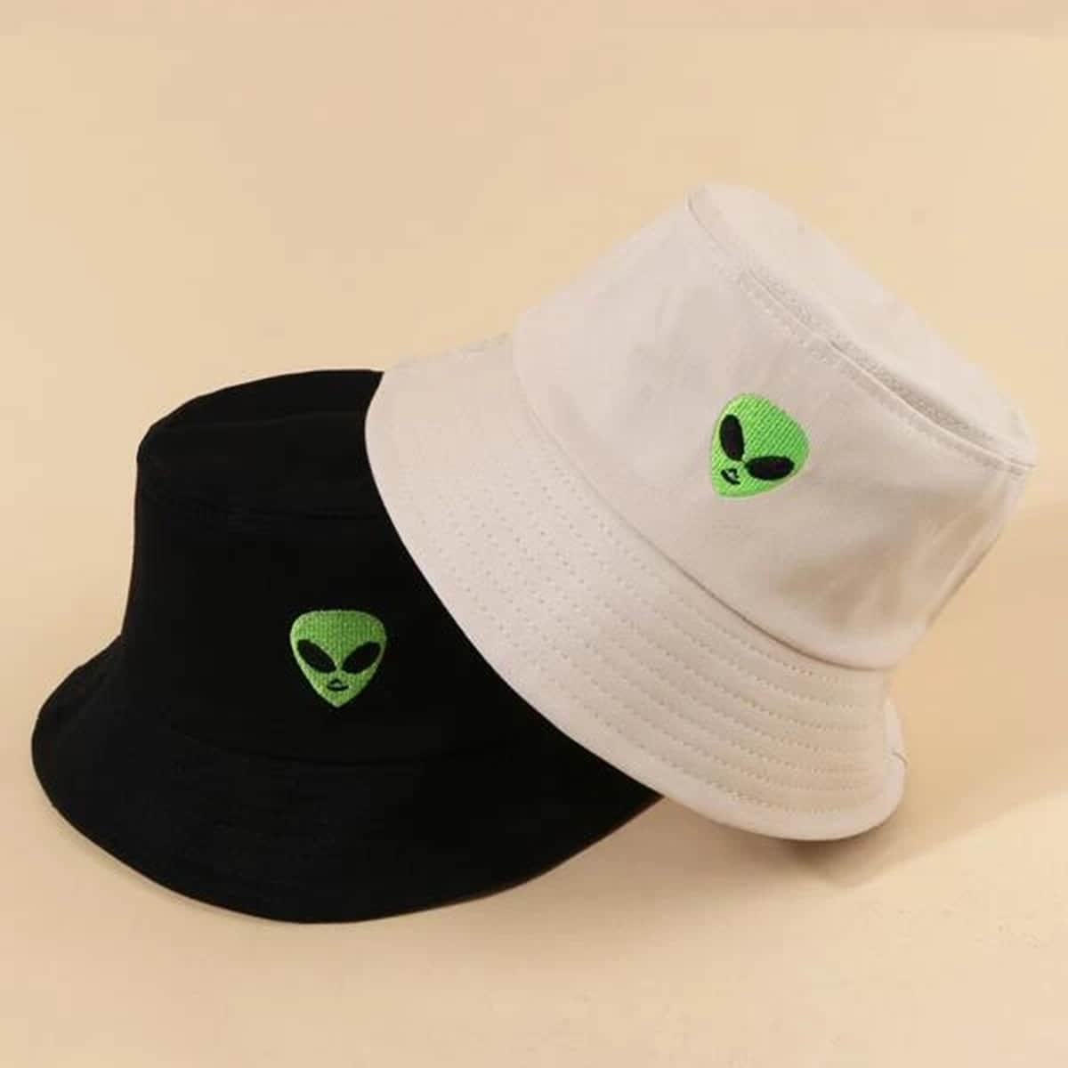 

2pcs Alien Embroidery Bucket Hat, Black
