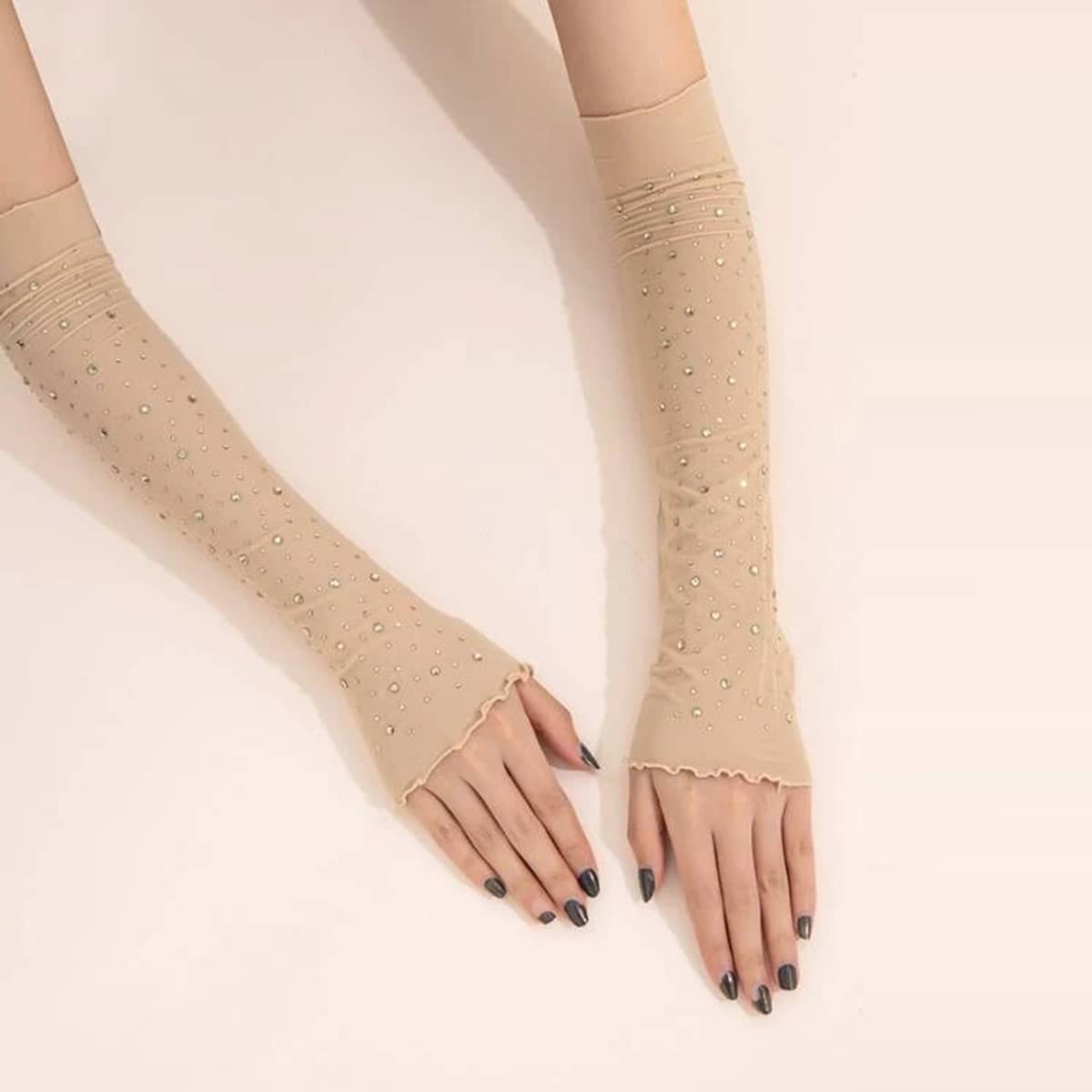 

Rhinestone Decor Fingerless Long Gloves, Beige