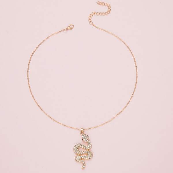

Rhinestone Snake Charm Necklace, Gold