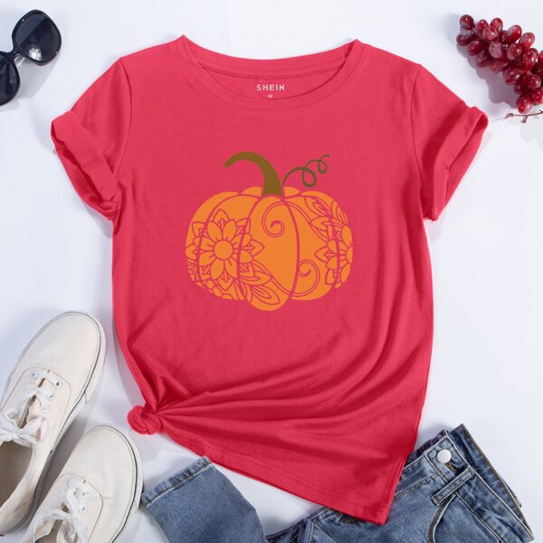 

Plus Pumpkin Print Round Neck Tee, Watermelon pink