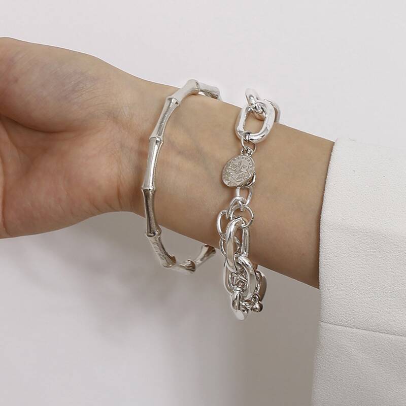 

2pcs Coin Decor Bracelet, Silver