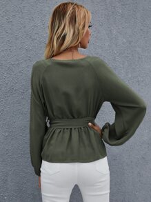 Chiquease Áo sơ mi Thắt lưng Viên lá sen màu trơn Thanh lịch - xanh quân đội - Xem 2