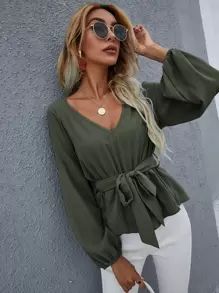 Chiquease Áo sơ mi Thắt lưng Viên lá sen màu trơn Thanh lịch - xanh quân đội - Xem 4