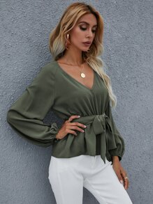 Chiquease Áo sơ mi Thắt lưng Viên lá sen màu trơn Thanh lịch - xanh quân đội - Xem 6