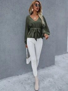 Chiquease Áo sơ mi Thắt lưng Viên lá sen màu trơn Thanh lịch - xanh quân đội - Xem 7