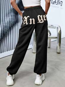 字母圖案束腳褲 - 黑色 - 查看 2