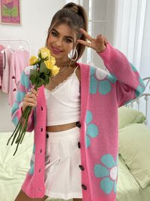 SHEIN Unity Floral Pattern Drop Shoulder Cardigan,Long Sleeve Tops Fall Winter Cloth For Women - Multicolor - View 3