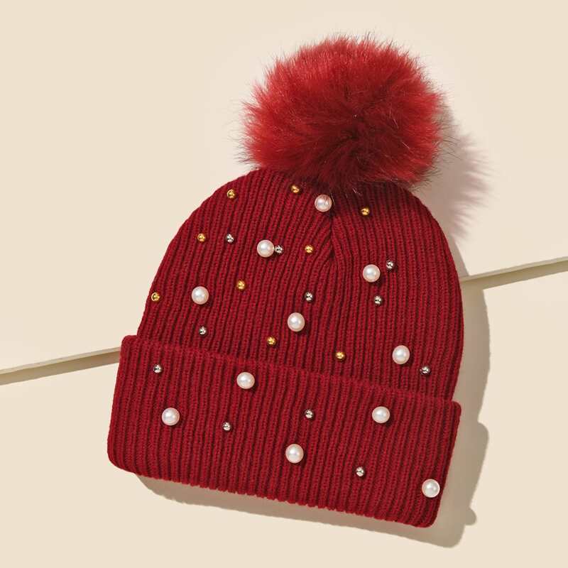 

Faux Pearl Decor Knit Hat, Burgundy