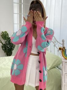 SHEIN Unity Floral Pattern Drop Shoulder Cardigan,Long Sleeve Tops Fall Winter Cloth For Women - Multicolor - View 5