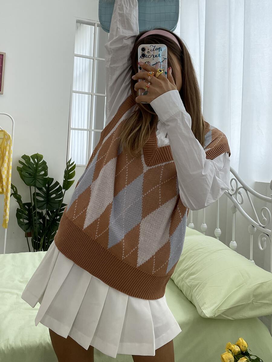 SHEIN Unity Áo vest cổ chữ V họa tiết kim cương dệt kim thường ngày dành cho nữ - Nhiều màu - Xem 1