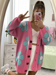 SHEIN Unity Floral Pattern Drop Shoulder Cardigan,Long Sleeve Tops Fall Winter Cloth For Women - Multicolor - View 6