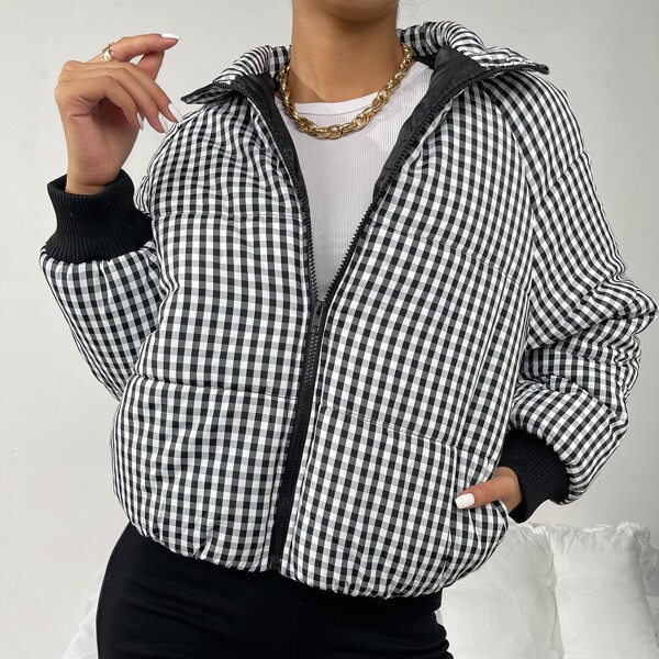 

High Neck Gingham Print Zip Up Winter Coat, Black and white
