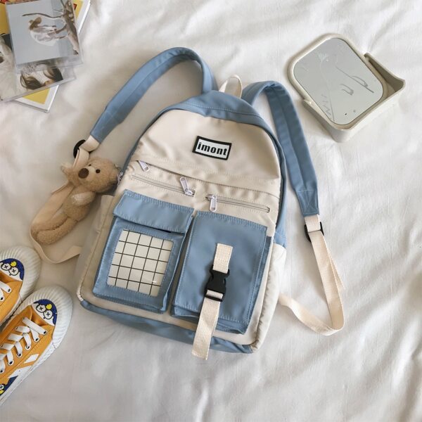 

Two Tone Doll Decor Letter Patch Backpack, Blue