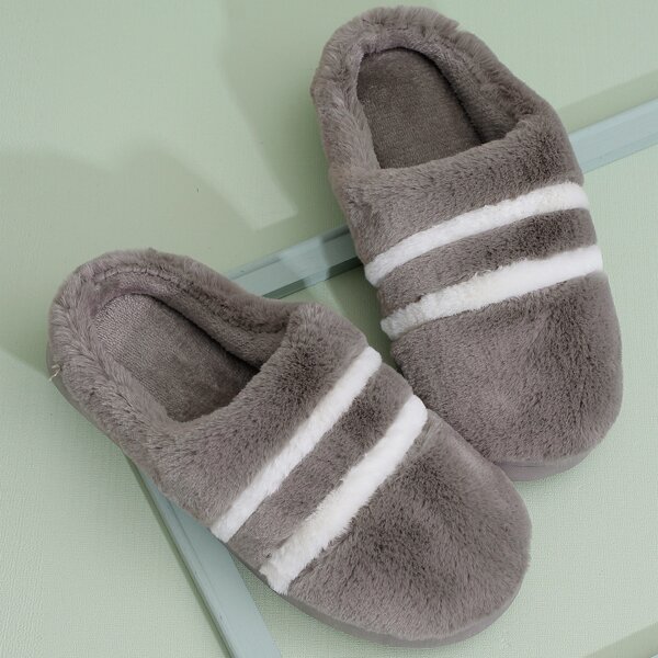 

Men Striped Pattern Fluffy Slippers, Coffee brown