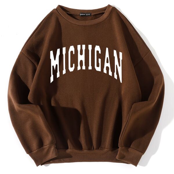 

Letter Graphic Drop Shoulder Thermal Pullover, Coffee brown