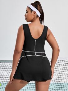 Plus Lightweight Topstitching Tennis Dress With Shorts - Black - View 2