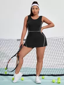 Plus Lightweight Topstitching Tennis Dress With Shorts - Black - View 5