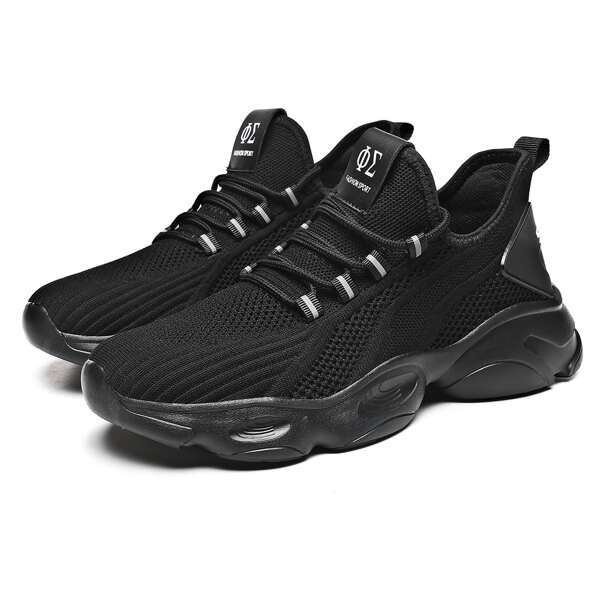 

Men Lace Up Decor Knit Running Shoes, Black