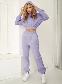 SHEIN Unity 落肩袖鬆緊邊抽繩連帽衫和衛褲 - 紫色 - 查看 1