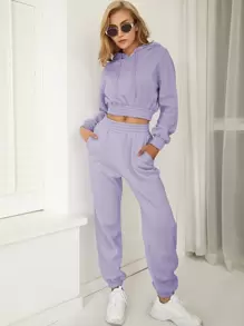SHEIN Unity 落肩袖鬆緊邊抽繩連帽衫和衛褲 - 紫色 - 查看 3